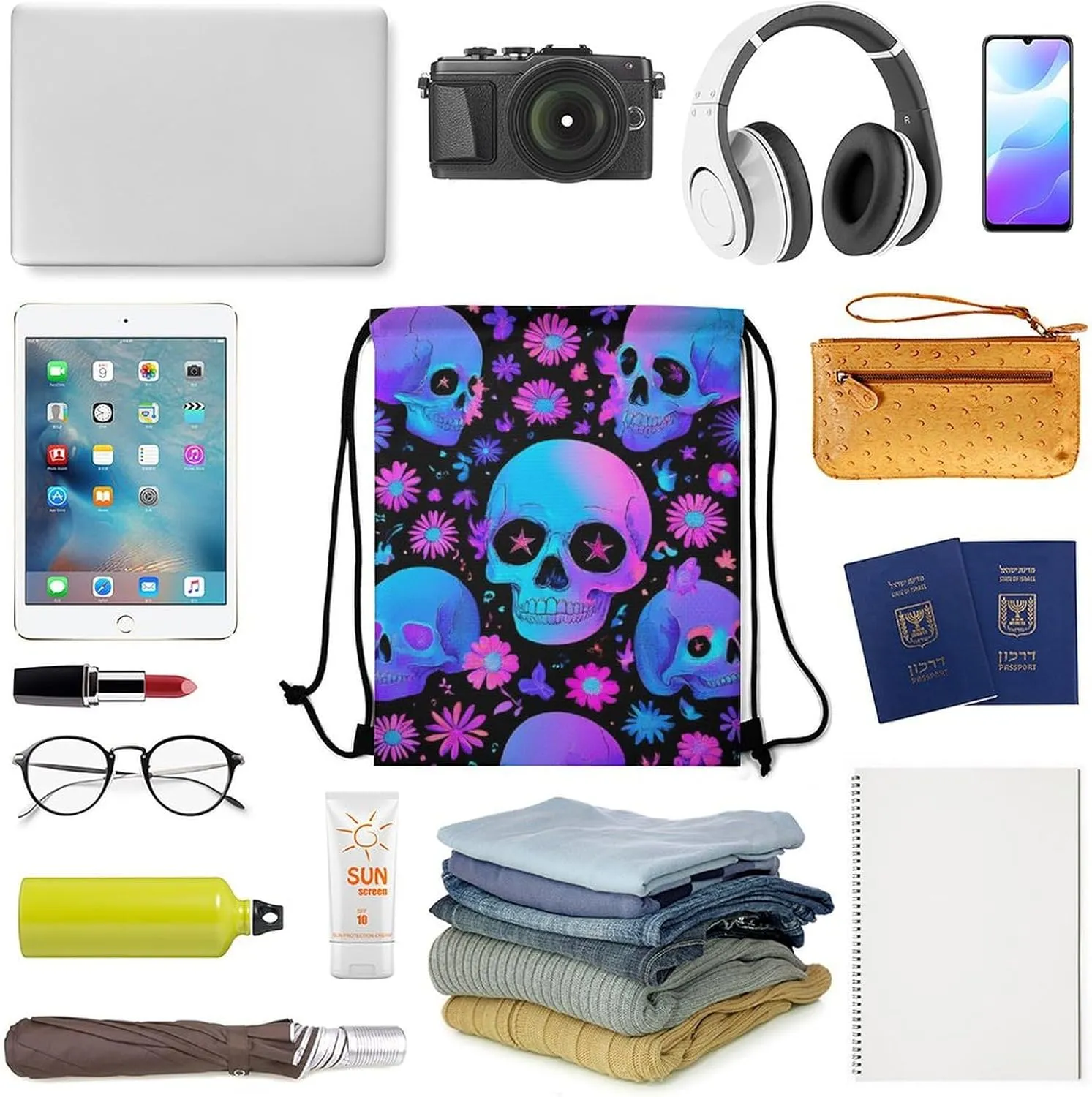 Cool Drawstring Bag for Men Women, Unisex Waterproof Sackpack Bags, Neon Purple Flowers Floral Skull Lightweight Backpack Shoulder Bag with Strap for Sports