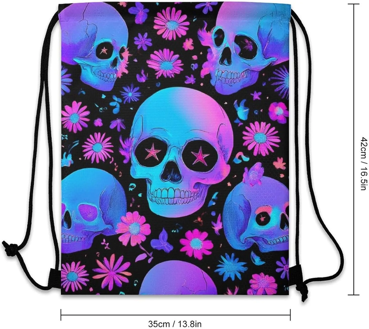 Cool Drawstring Bag for Men Women, Unisex Waterproof Sackpack Bags, Neon Purple Flowers Floral Skull Lightweight Backpack Shoulder Bag with Strap for Sports