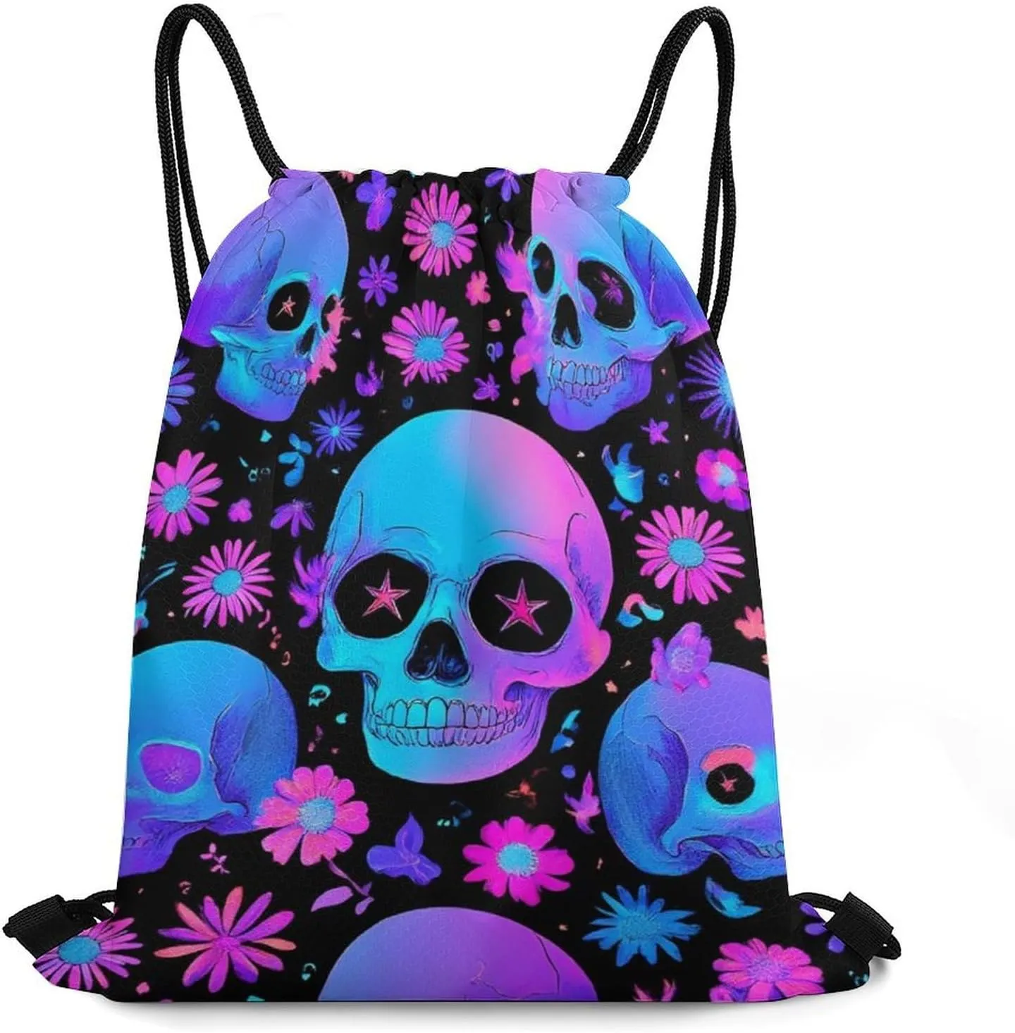 Cool Drawstring Bag for Men Women, Unisex Waterproof Sackpack Bags, Neon Purple Flowers Floral Skull Lightweight Backpack Shoulder Bag with Strap for Sports