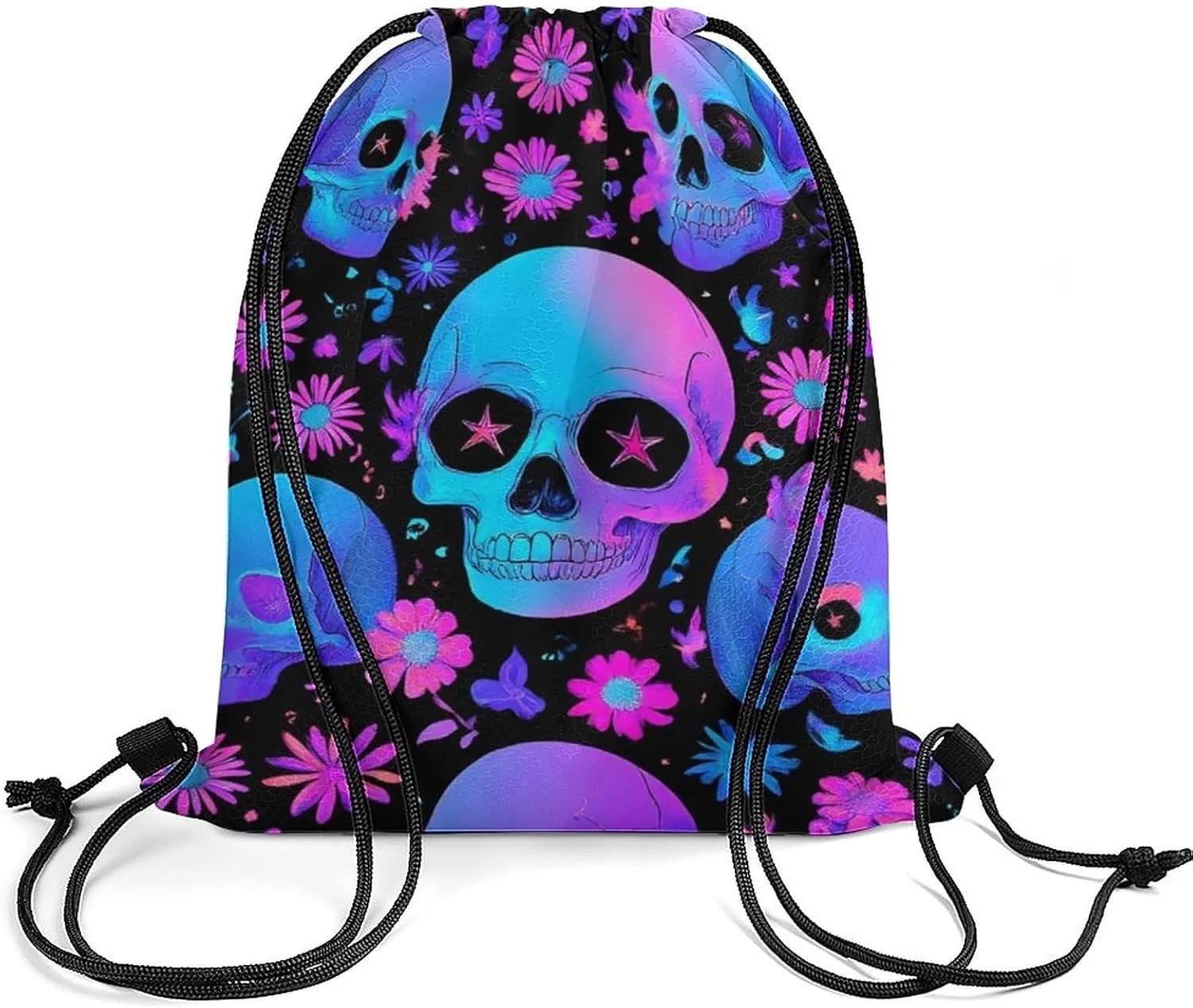 Cool Drawstring Bag for Men Women, Unisex Waterproof Sackpack Bags, Neon Purple Flowers Floral Skull Lightweight Backpack Shoulder Bag with Strap for Sports