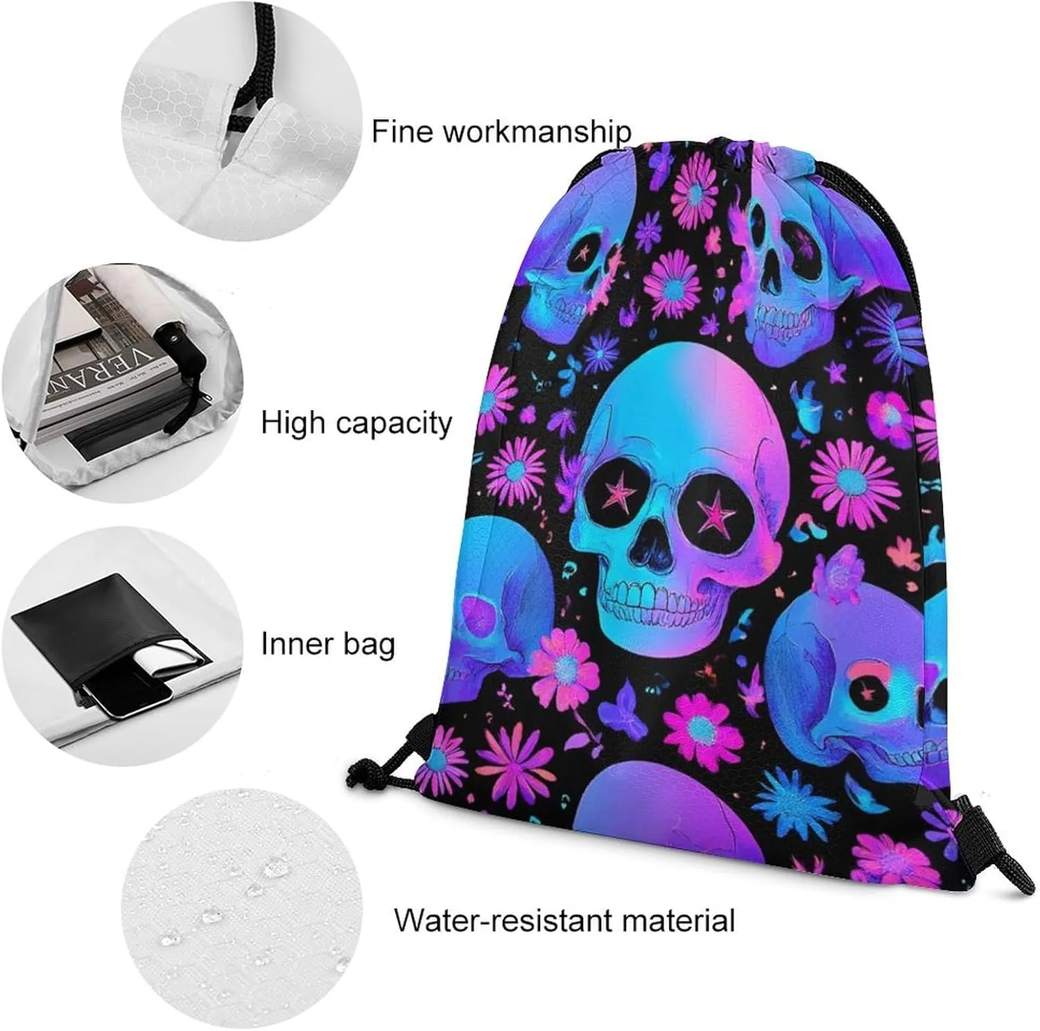 Cool Drawstring Bag for Men Women, Unisex Waterproof Sackpack Bags, Neon Purple Flowers Floral Skull Lightweight Backpack Shoulder Bag with Strap for Sports