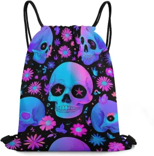 Cool Drawstring Bag for Men Women, Unisex Waterproof Sackpack Bags, Neon Purple Flowers Floral Skull Lightweight Backpack Shoulder Bag with Strap for Sports