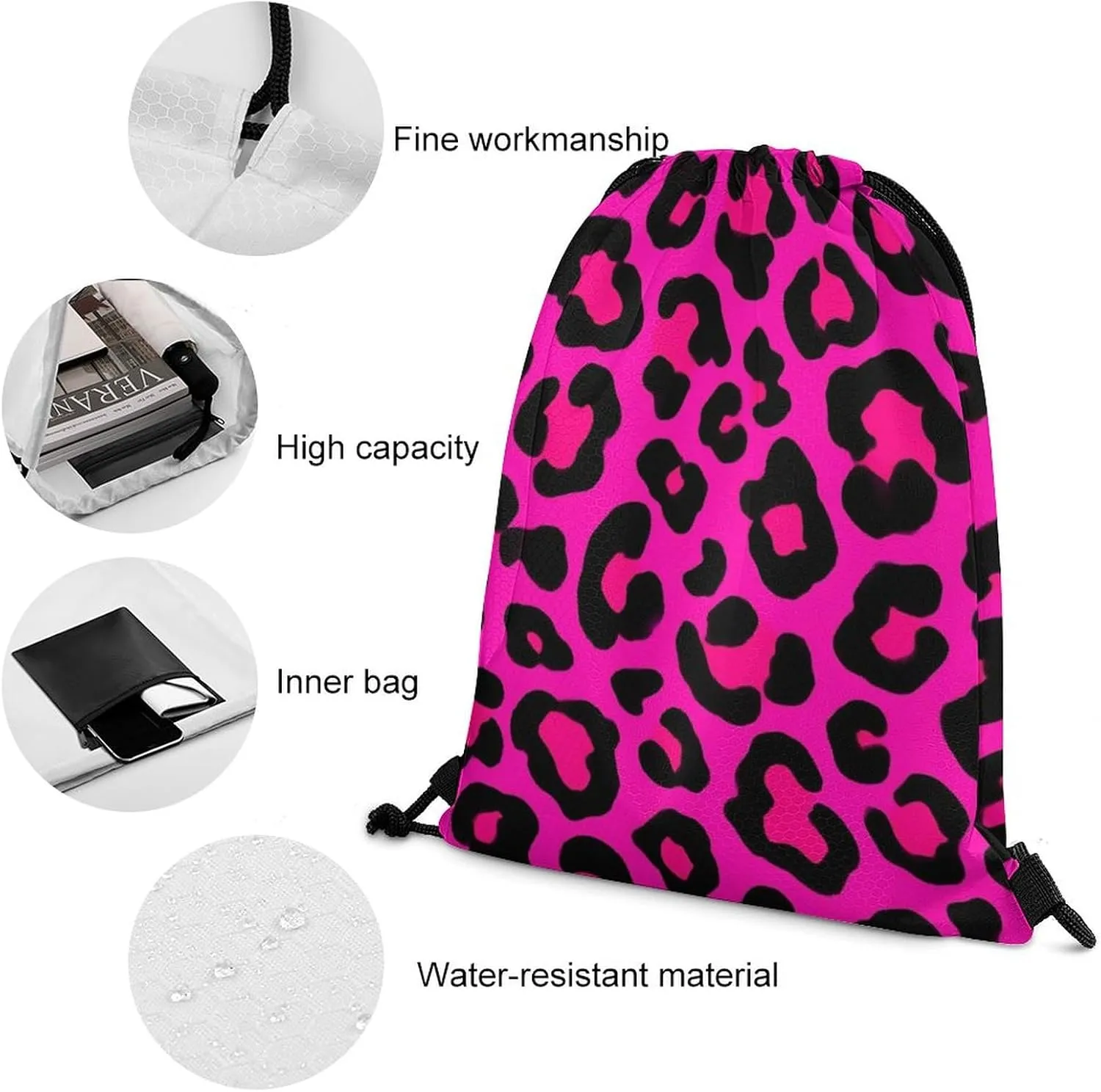 Cool Drawstring Bag for Men Women, Unisex Waterproof Sackpack Bags, Pink Dots Wild Cheetah Leopard Print Lightweight Backpack Shoulder Bag with Strap for Sports