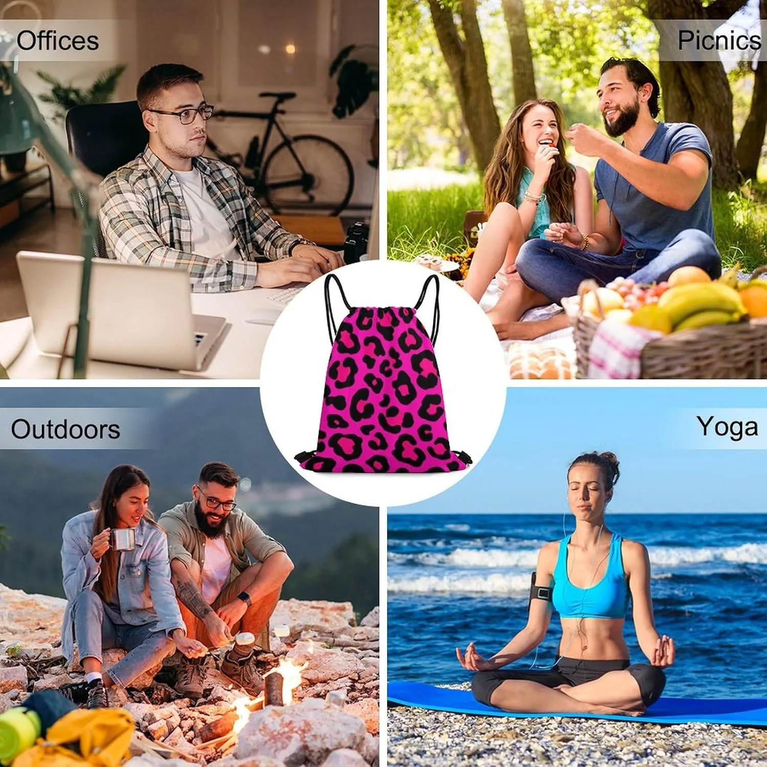 Cool Drawstring Bag for Men Women, Unisex Waterproof Sackpack Bags, Pink Dots Wild Cheetah Leopard Print Lightweight Backpack Shoulder Bag with Strap for Sports