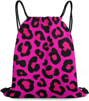 Cool Drawstring Bag for Men Women, Unisex Waterproof Sackpack Bags, Pink Dots Wild Cheetah Leopard Print Lightweight Backpack Shoulder Bag with Strap for Sports