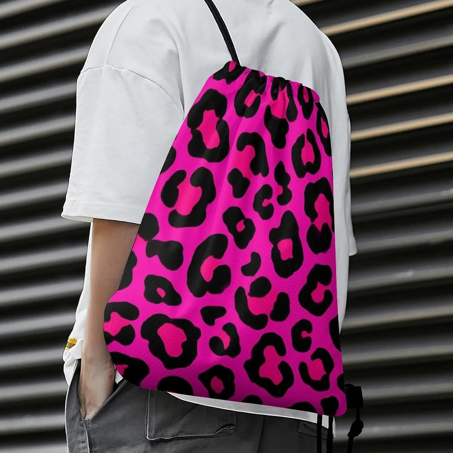 Cool Drawstring Bag for Men Women, Unisex Waterproof Sackpack Bags, Pink Dots Wild Cheetah Leopard Print Lightweight Backpack Shoulder Bag with Strap for Sports