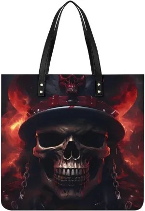 Cool Flaming Skull Leather Tote Bags Casual Shoulder Handbag Purses Portable Shopping Bag for Men Women