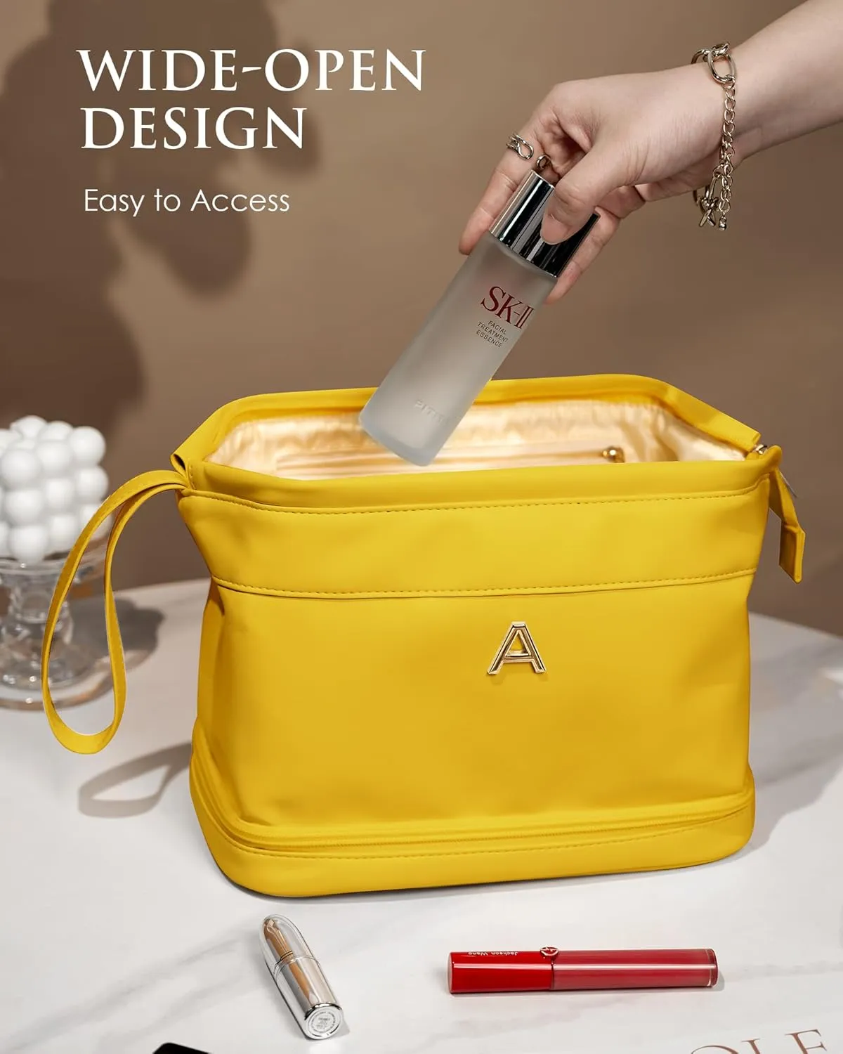 Cool Gifts for Female Friends, Initial Makeup Bag, Travel Gifts, Personalized Bags, Waterproof Double Layer Cosmetic Bag, Large Capacity PU Leather Makeup Bags Letter Travel Toiletry Bag