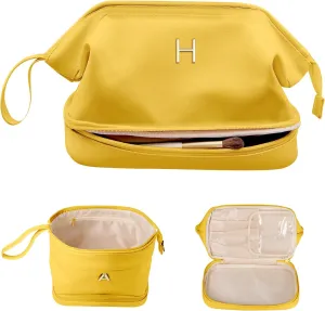 Cool Gifts for Female Friends, Initial Makeup Bag, Travel Gifts, Personalized Bags, Waterproof Double Layer Cosmetic Bag, Large Capacity PU Leather Makeup Bags Letter Travel Toiletry Bag