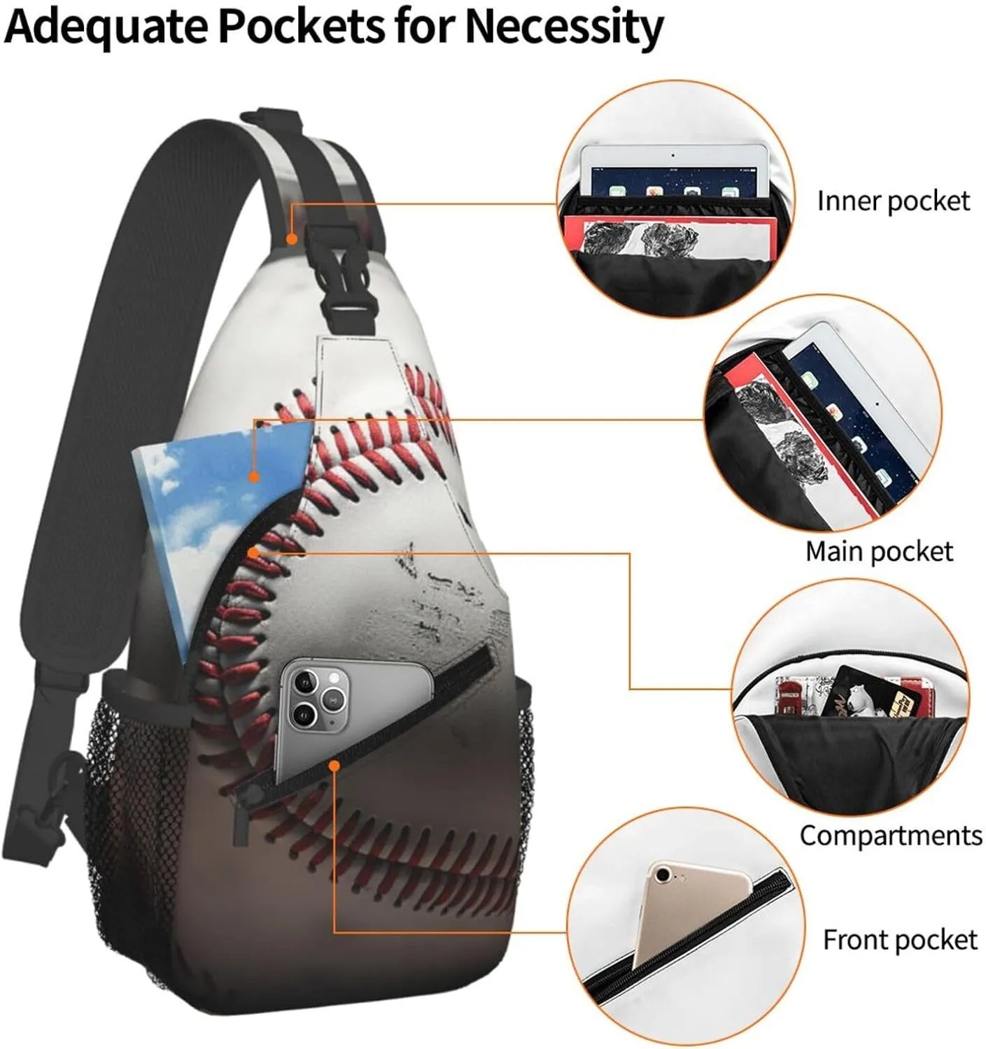 Cool Grey Baseball Sling Bag Backpack For Men Cross Chest Bag Crossbody Shoulder Bag Travel Hiking Daypack