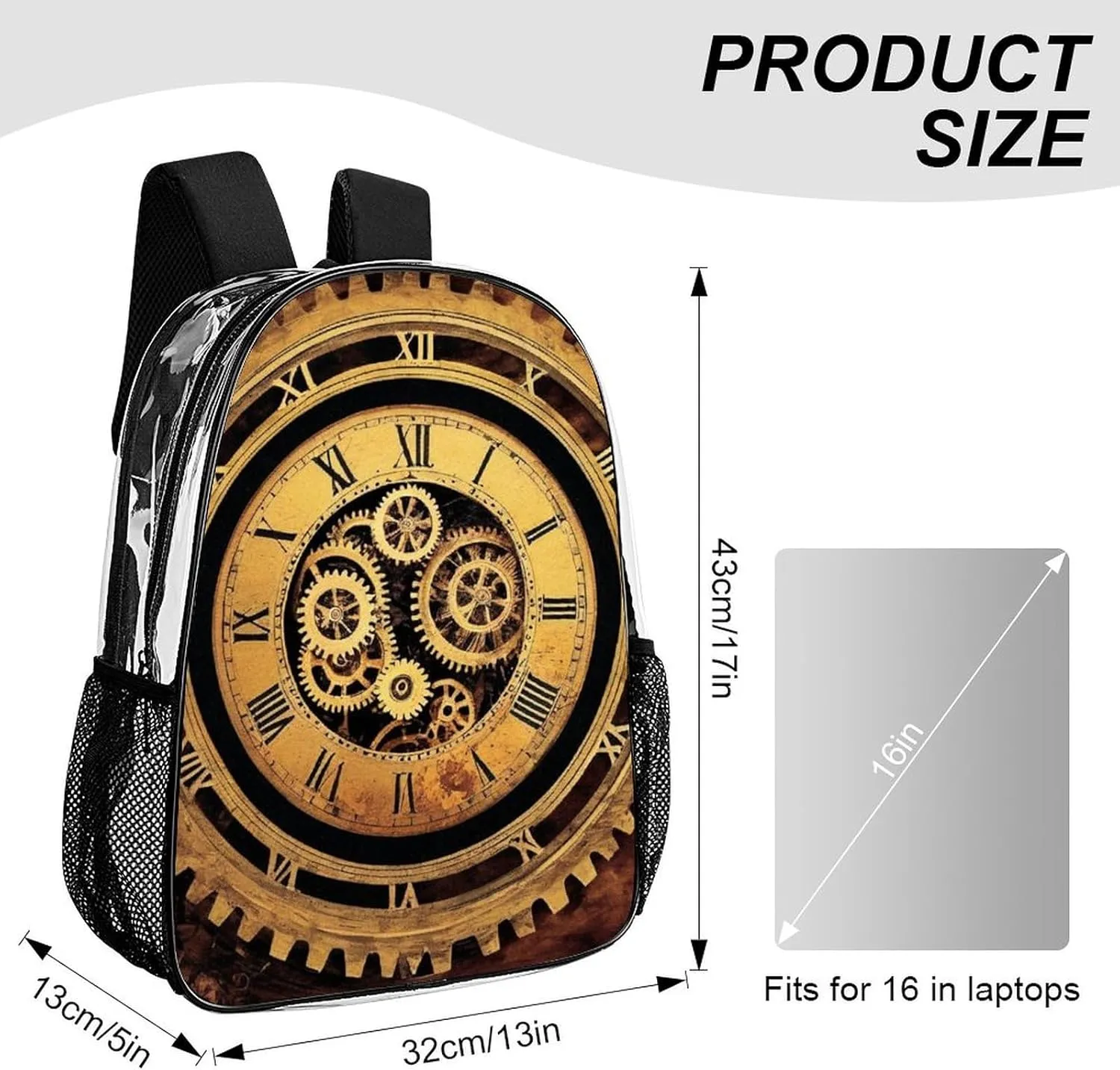Cool Steampunk Gears Backpack Lightweight Anti-Theft Multipurpose Shoulder Bag Large Capacity Travel Hiking Backpack Transparent Bag