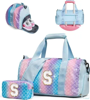 Cool Stuff for Teen-Girl Gym Bag with Shoe Compartment, Kid Personalized Weekender Overnight Bags, Initial Travel Tote with Makeup Pouch, Gift for 7 8 9 10 11 12 Year Old Girls (Letter S)