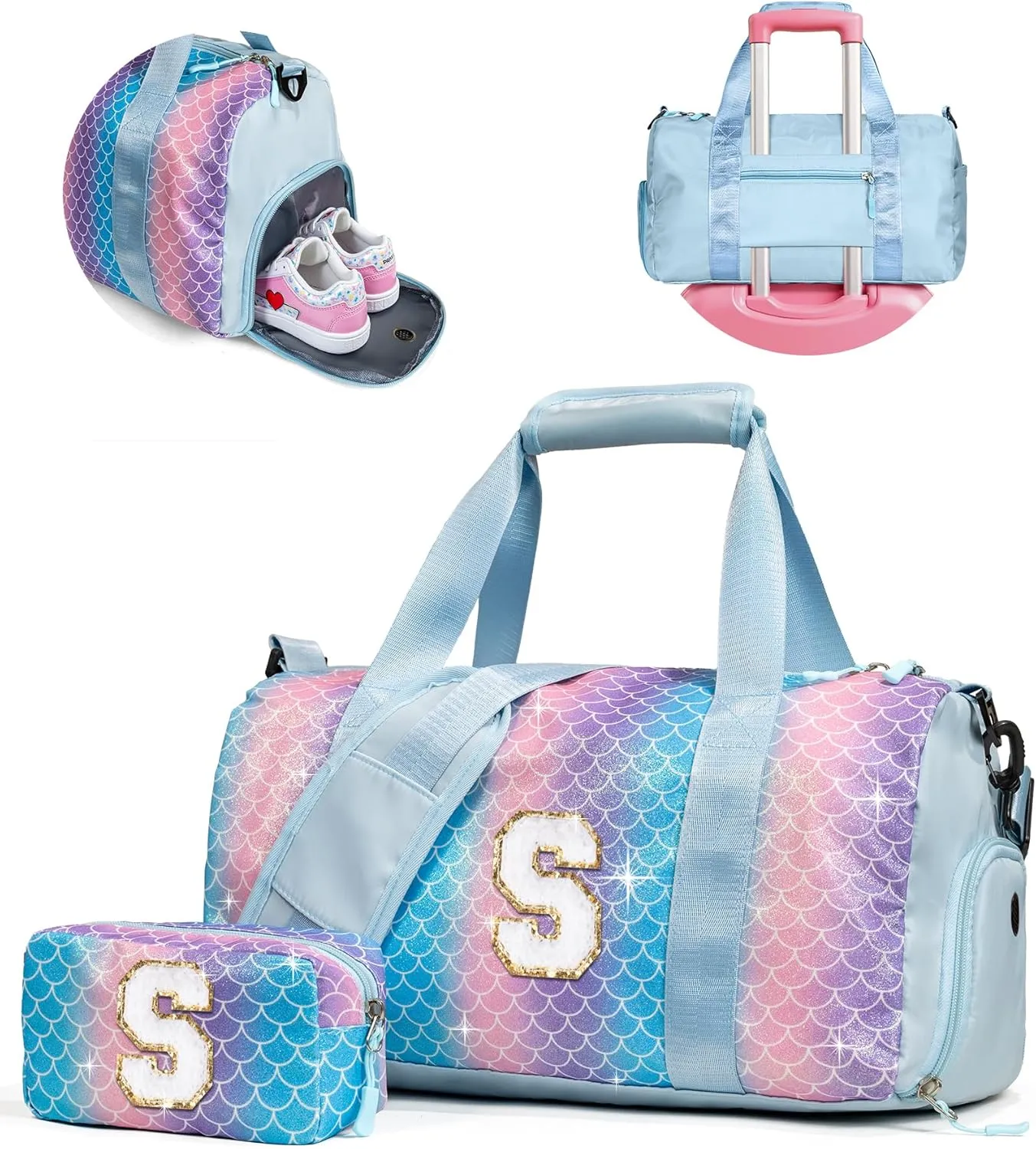Cool Stuff for Teen-Girl Gym Bag with Shoe Compartment, Kid Personalized Weekender Overnight Bags, Initial Travel Tote with Makeup Pouch, Gift for 7 8 9 10 11 12 Year Old Girls (Letter S)