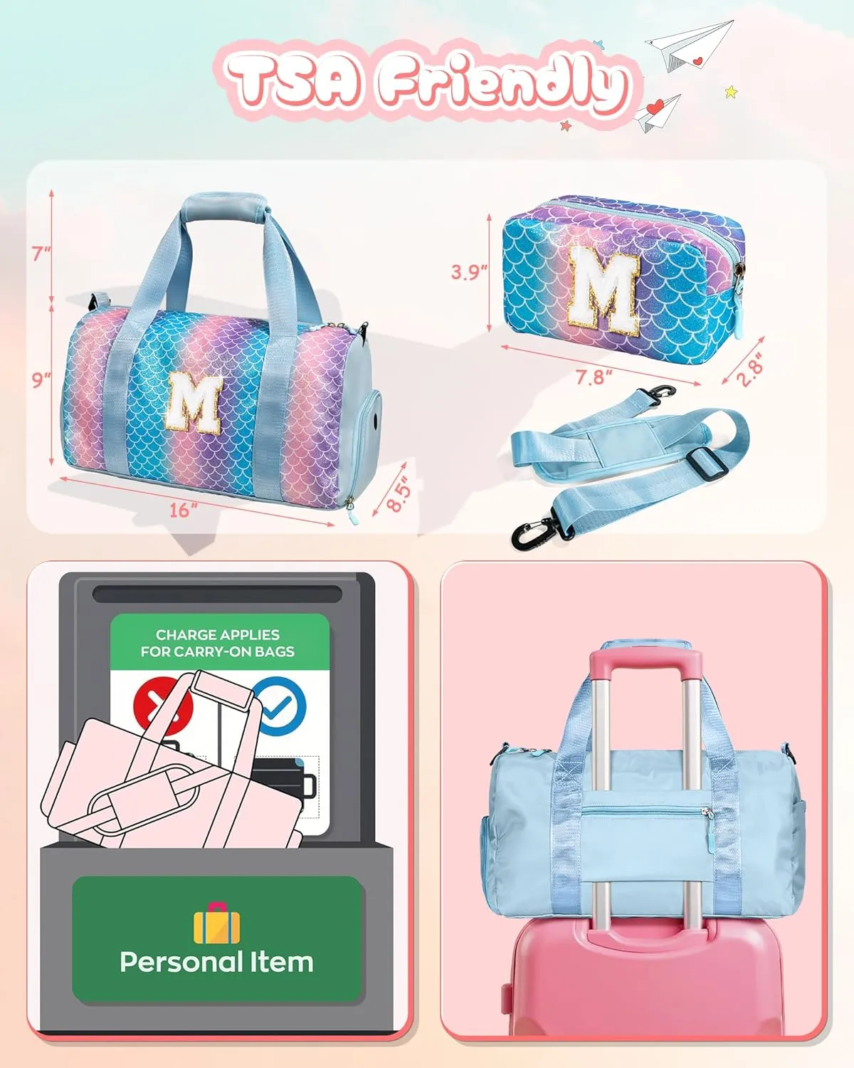 Cool Stuff for Teen-Girl Gym Bag with Shoe Compartment, Kid Personalized Weekender Overnight Bags, Initial Travel Tote with Makeup Pouch, Gift for 7 8 9 10 11 12 Year Old Girls (Letter S)