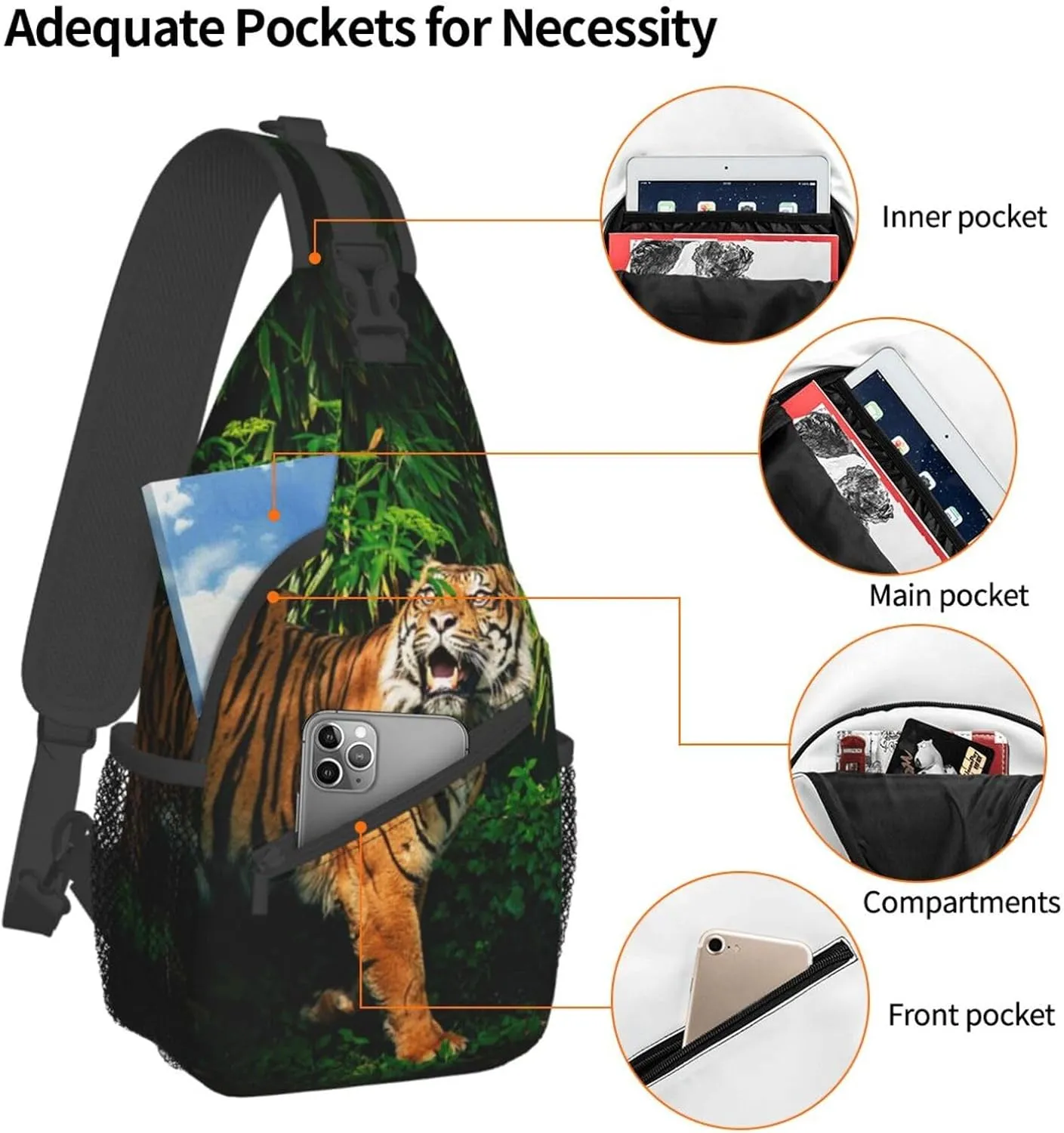 Cool Tiger Sling Bag, Fashion Crossbody Backpack Shoulder Bag Chest Bag for Men Women Outdoor Hiking Travel