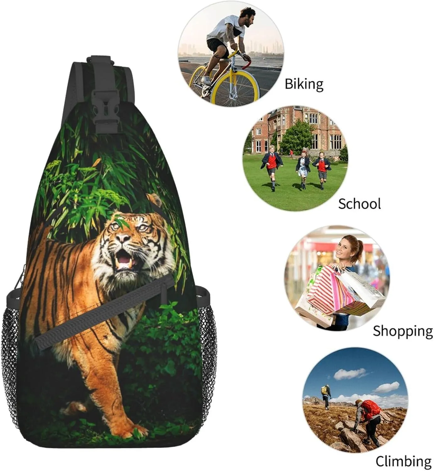 Cool Tiger Sling Bag, Fashion Crossbody Backpack Shoulder Bag Chest Bag for Men Women Outdoor Hiking Travel