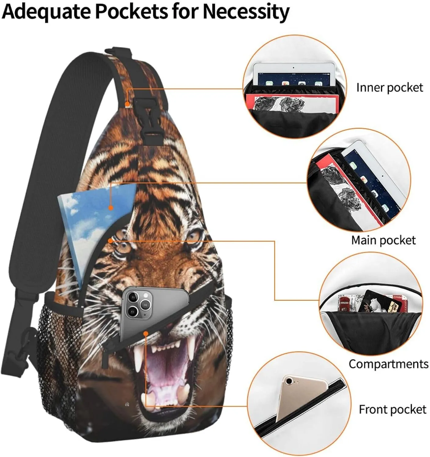 Cool Tiger Sling Bag, Fashion Crossbody Backpack Shoulder Bag Chest Bag for Men Women Outdoor Hiking Travel