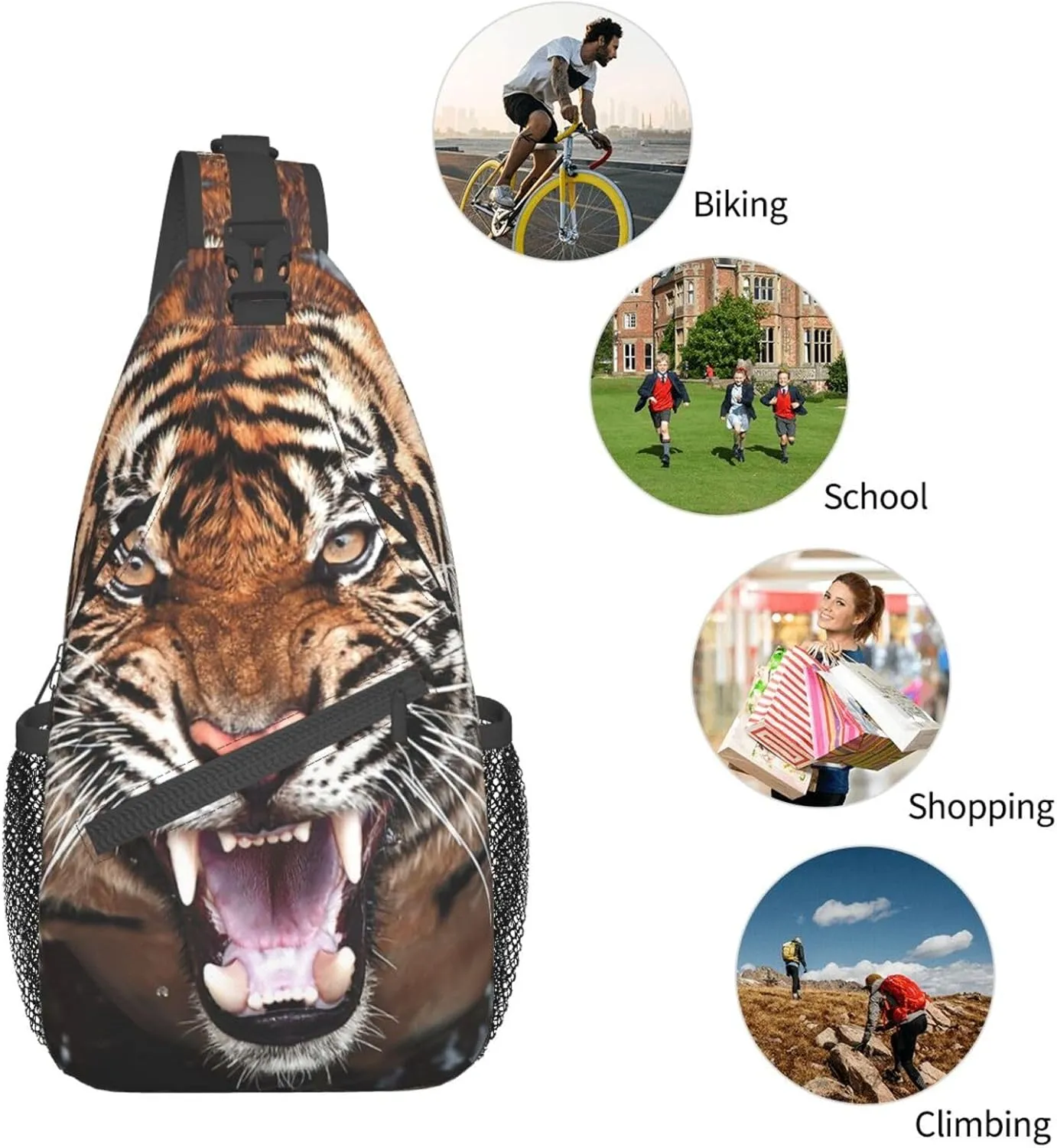 Cool Tiger Sling Bag, Fashion Crossbody Backpack Shoulder Bag Chest Bag for Men Women Outdoor Hiking Travel