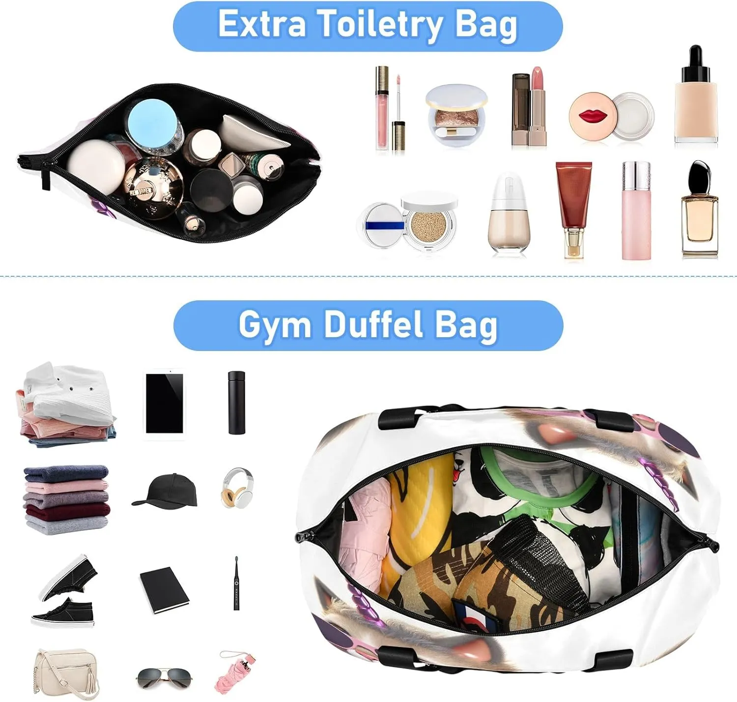 Cool Unicorn Cat Expandable Travel Bags for Women Carry on Airplane with Toiletry Bag Garment Duffel Bag for Men