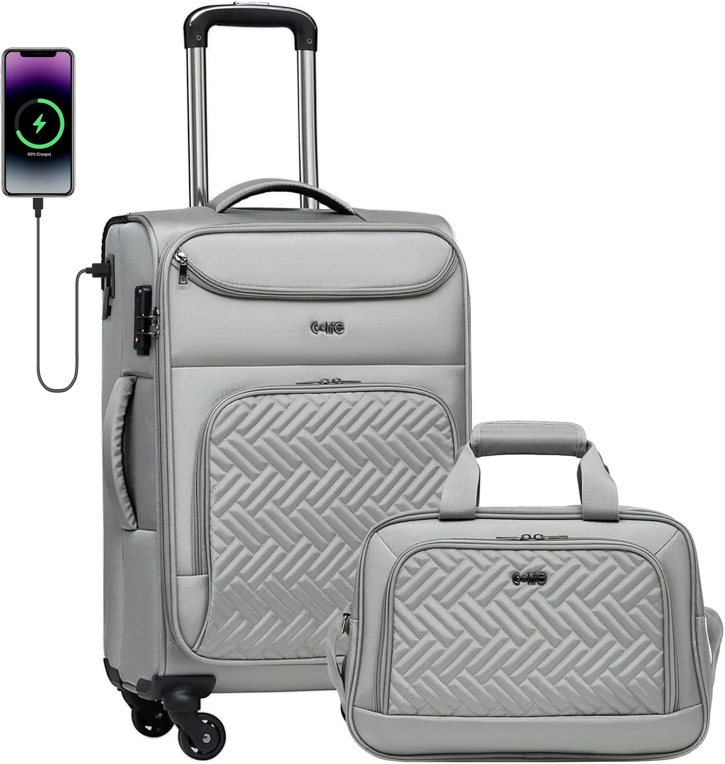 Coolife Luggage Carry On Luggage Suitcase Softside Wheeled Luggage Lightweight Rolling Travel Bag (Champagne Gray, Carry-On 20-Inch)