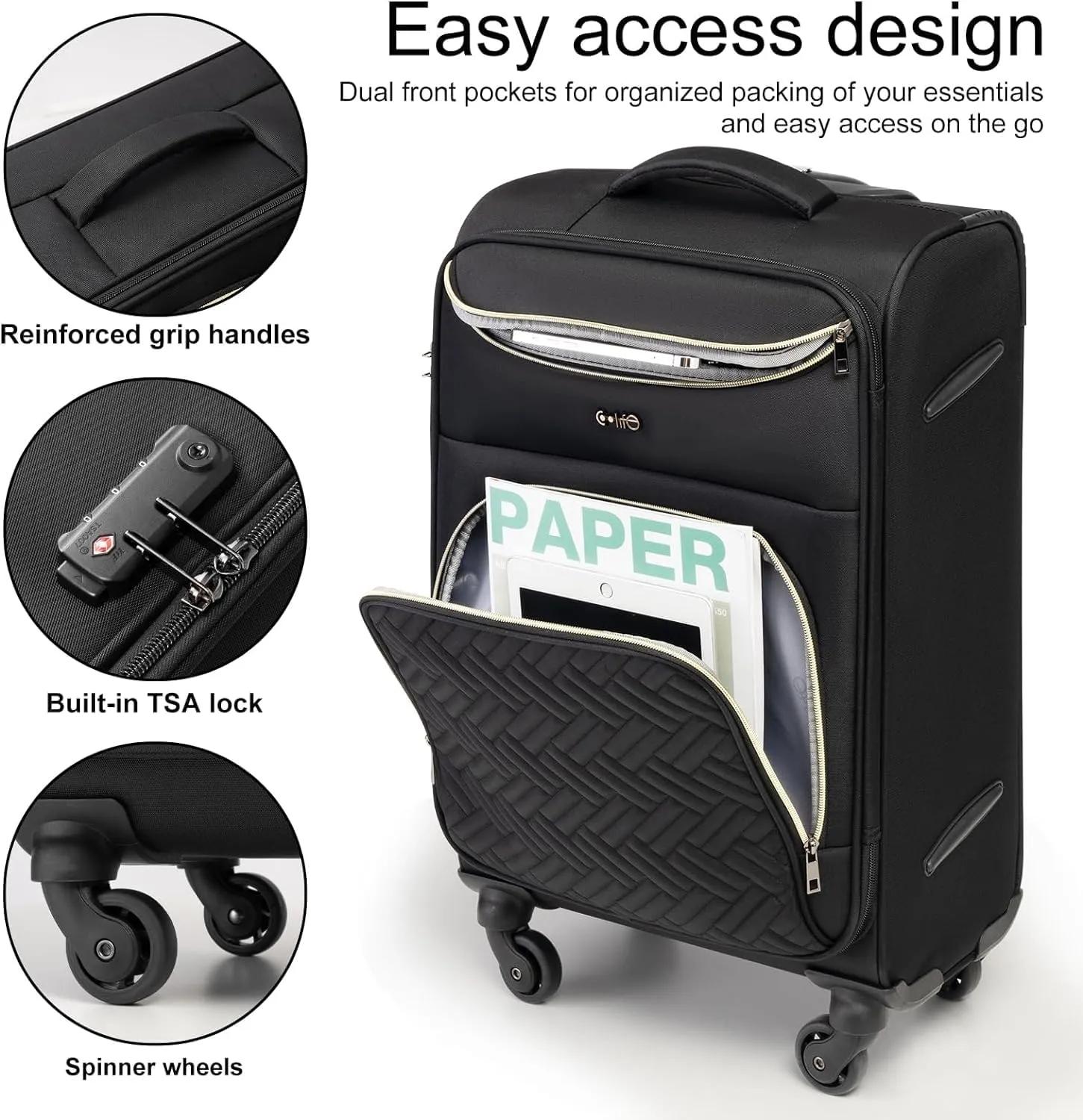 Coolife Luggage Carry On Luggage Suitcase Softside Wheeled Luggage Lightweight Rolling Travel Bag (Champagne Gray, Carry-On 20-Inch)