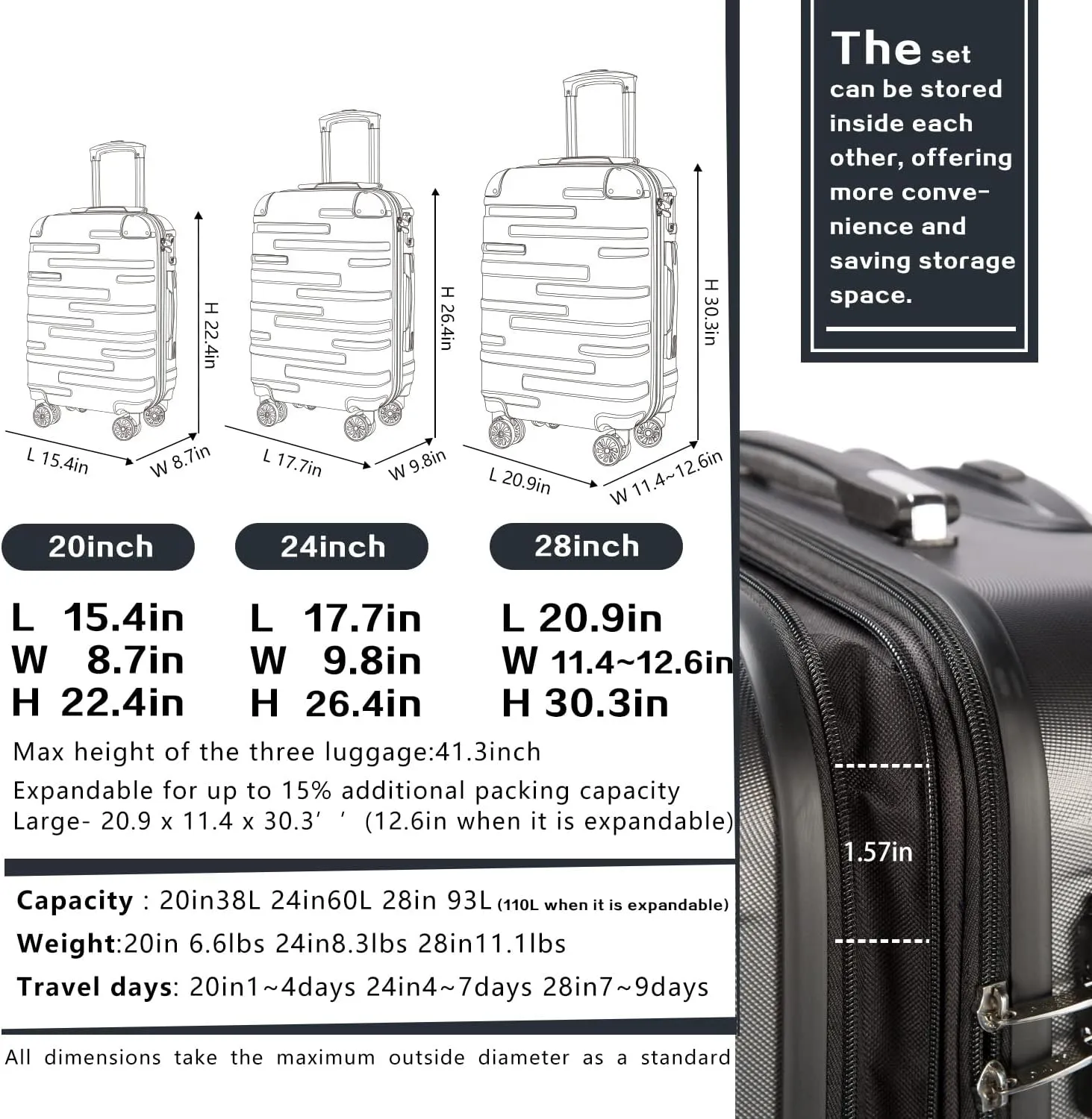 Coolife Luggage Suitcase Carry-on Hardside Travel Luggage TSA Lock Spinner Telescopic Handle