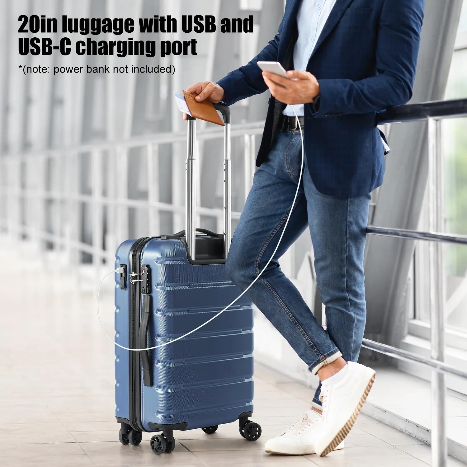 Coolife Luggage Suitcase Carry-on Spinner TSA Lock USB Port Expandable (only 28’’) Lightweight Hardside Luggage (Silver, S(20in_carry on))