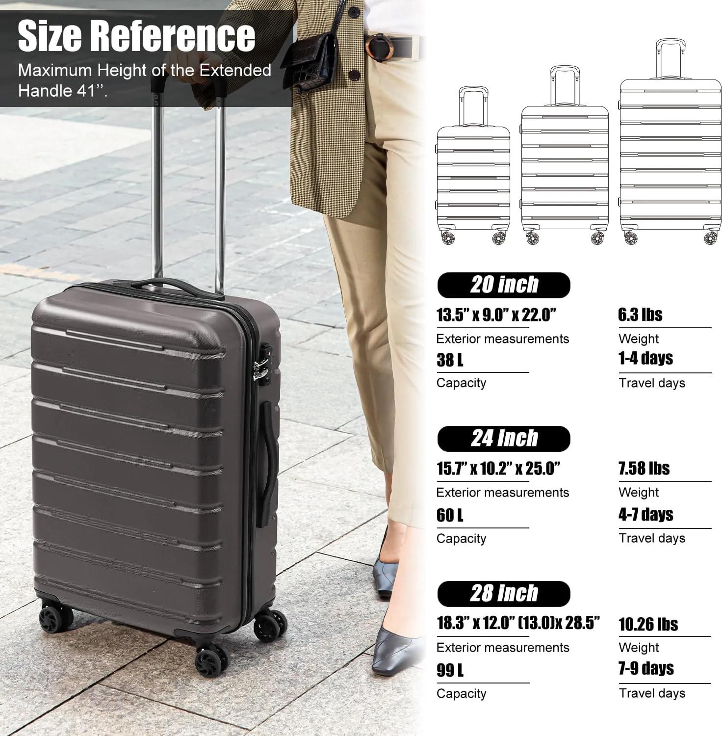 Coolife Luggage Suitcase Carry-on Spinner TSA Lock USB Port Expandable (only 28’’) Lightweight Hardside Luggage (Silver, S(20in_carry on))