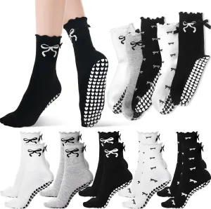 Coquette Black Bow Pilates Socks for Women Breathable Ankle Socks Ruffle Cuff Grips Yoga Non Slip Athletic Sock White Black Nylon Satin with Bows Soft for Casual Dress Ballet Crew Stocking