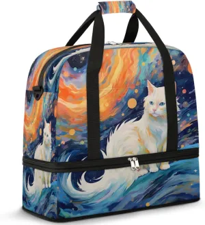 Cosmic Feline Gaze Travel Duffel Bag, Travel Essentials, Gym Bag for Women, Weekender Overnight Bag With Shoes Compartment, Carry On Bags for Airplanes