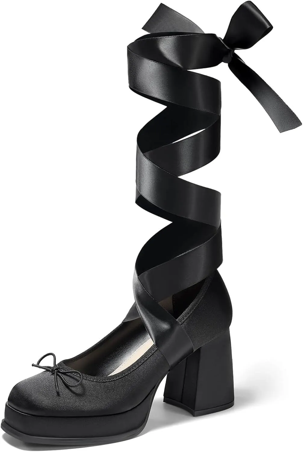 Coutgo Womens Lace Up Heels Platform Chunky High Heel Pumps Bow Closed Square Toe Party Ballet Dress Shoes