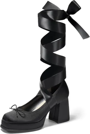 Coutgo Womens Lace Up Heels Platform Chunky High Heel Pumps Bow Closed Square Toe Party Ballet Dress Shoes