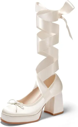Coutgo Womens Lace Up Heels Platform Chunky High Heel Pumps Bow Closed Square Toe Party Ballet Dress Shoes