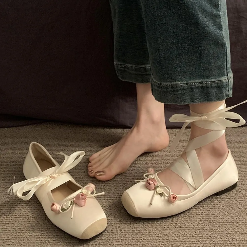 COVOYYAR Women Lace Up Ankle Strap Ballet Flats Shoes Floral Dressy Flats