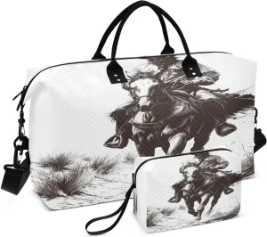 Cowboy Riding on Horseback Travel Duffel Bags 2PCS,Sports Duffel Bags for Men Women,Weekender Overnight Bag Gym Tote Bag with Toiletry Bag