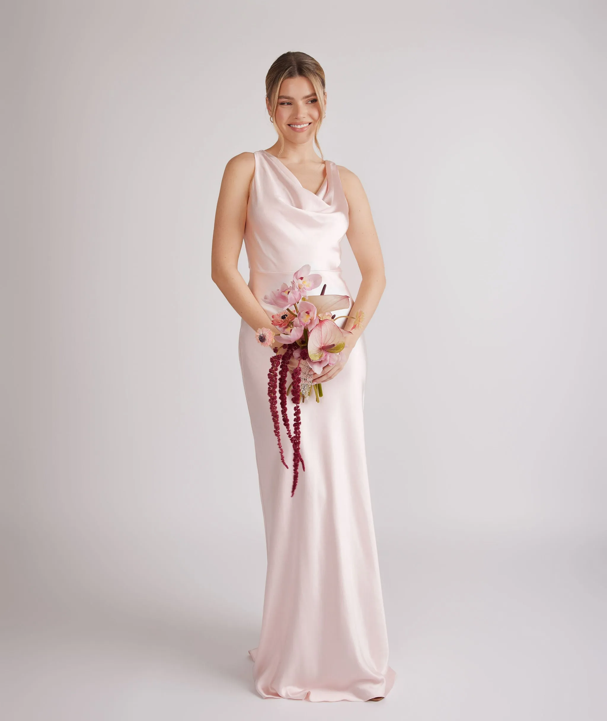 Cowl Front Satin Bridesmaid Dress - Pale Pink
