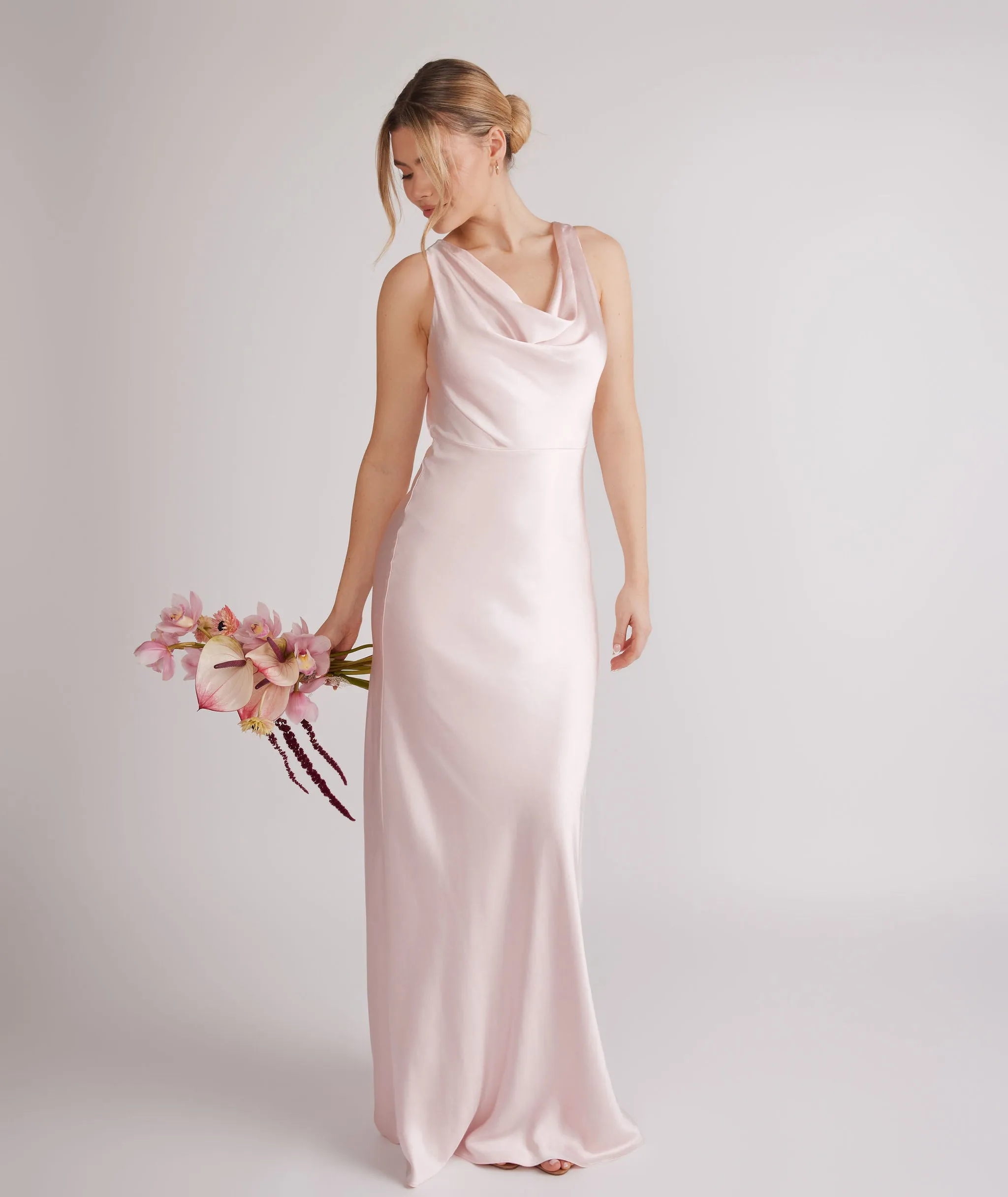 Cowl Front Satin Bridesmaid Dress - Pale Pink