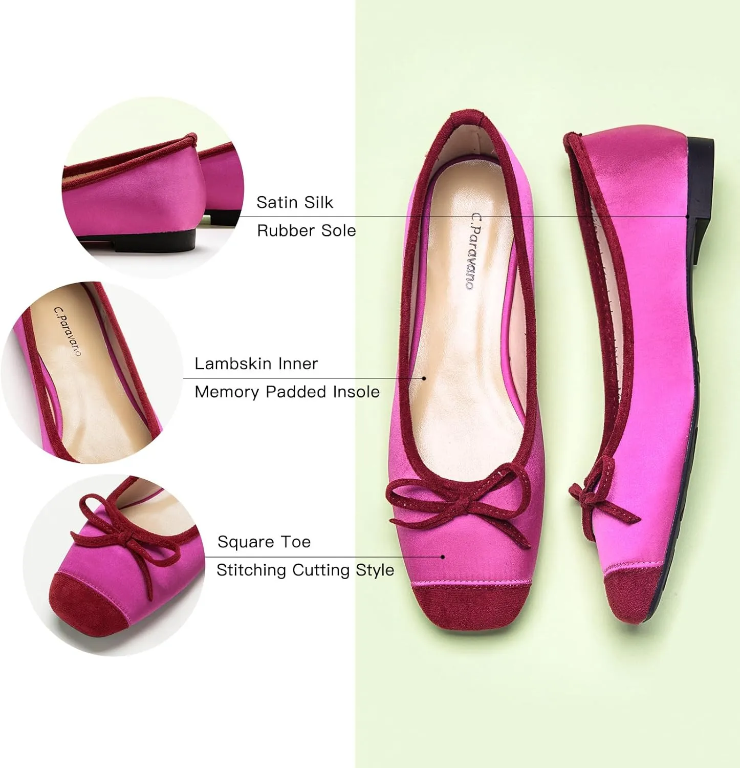 C.Paravano Women's Flats with Bowknot | Casual Slip On Dress Shoes | Comfortable Square Toe Shoes | Women Ballet Flats for Wedding Work Office Business