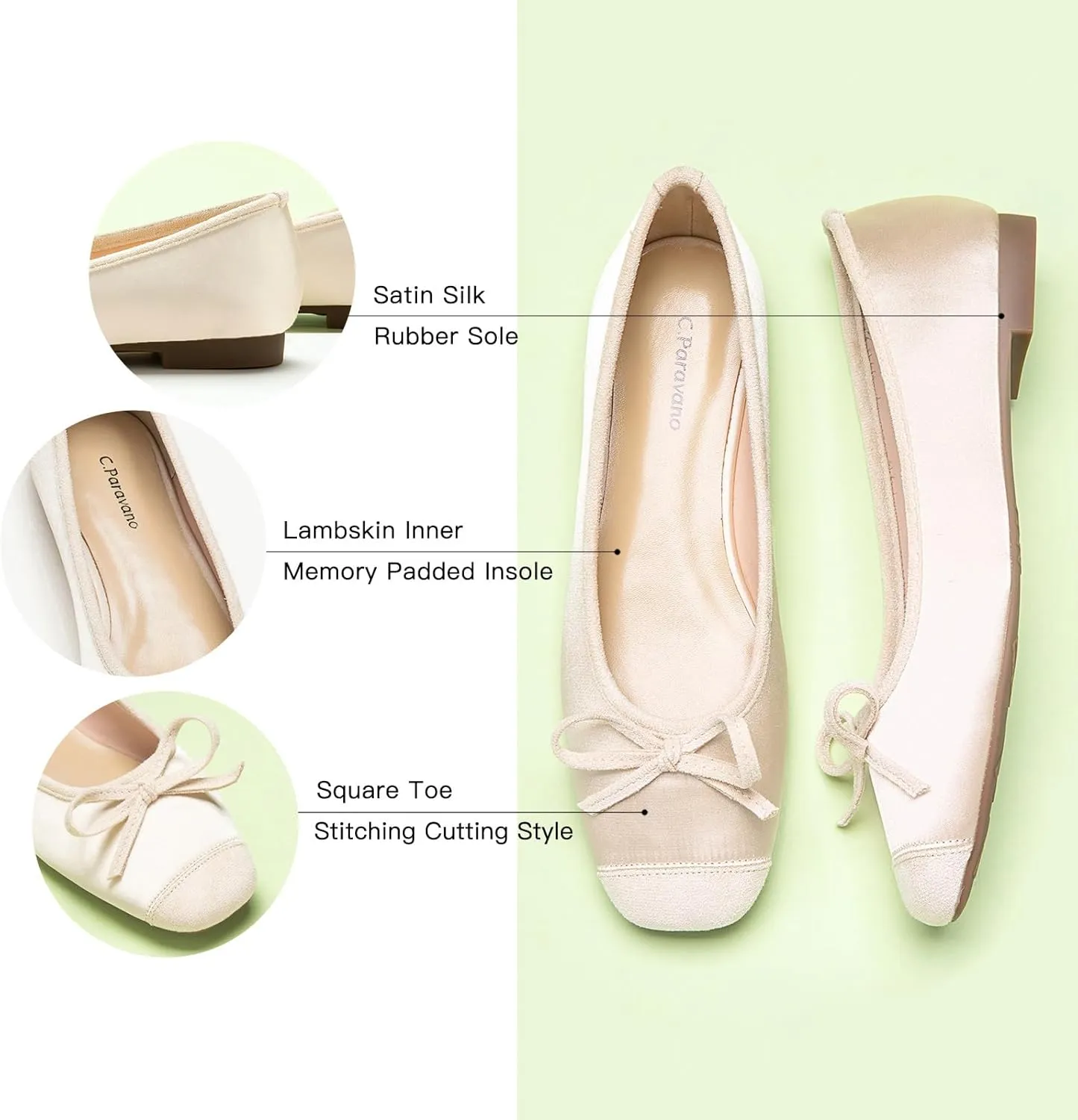 C.Paravano Women's Flats with Bowknot | Casual Slip On Dress Shoes | Comfortable Square Toe Shoes | Women Ballet Flats for Wedding Work Office Business