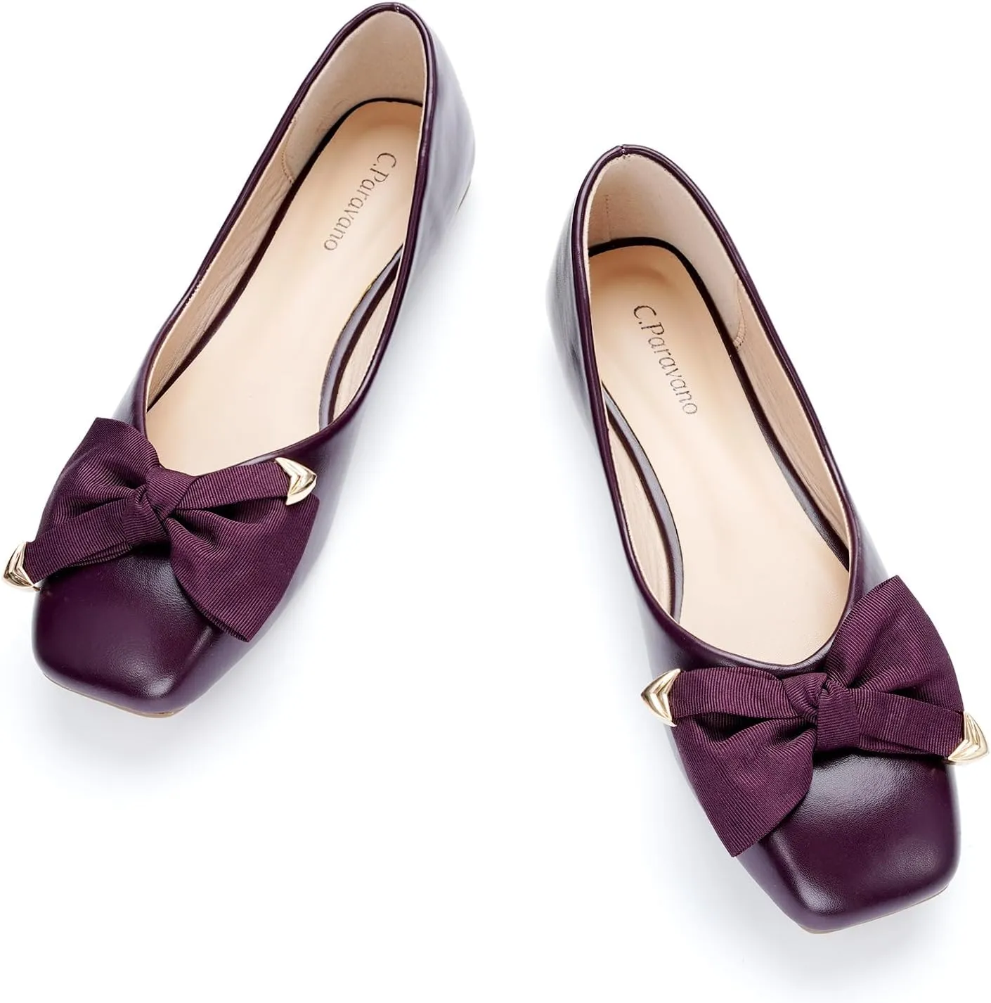 C.Paravano Women's Flats with Metallic Bow | Casual Square Toe Ballet Flats | Comfortable Slip On Shoes | Women Dressy Shoes for Walking Wedding Work Office