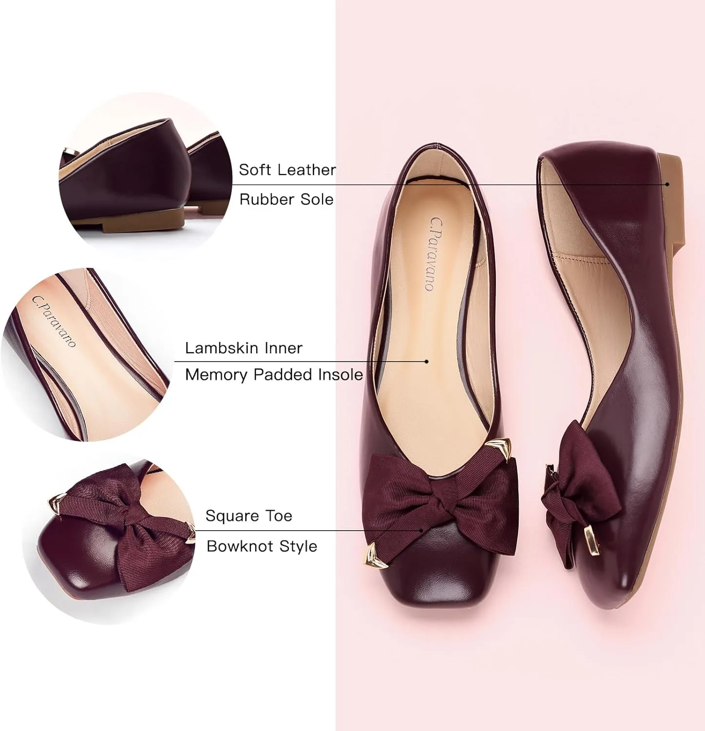 C.Paravano Women's Flats with Metallic Bow | Casual Square Toe Ballet Flats | Comfortable Slip On Shoes | Women Dressy Shoes for Walking Wedding Work Office