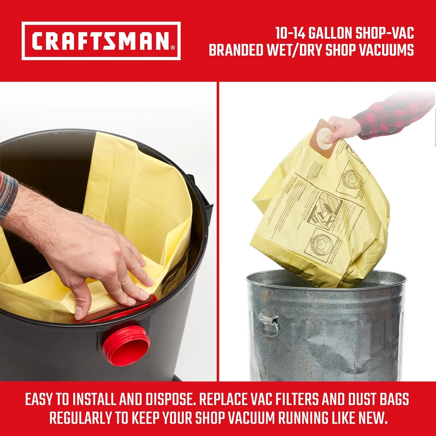 CRAFTSMAN CMXZVBE3877 Fine Dust Wet Dry Vac Dust Collection Bags for Most 10 to 14 Gallon Shop Vacuums, Collects Dry Fine Debris, Reduces Cleanup Time, 2-Pack