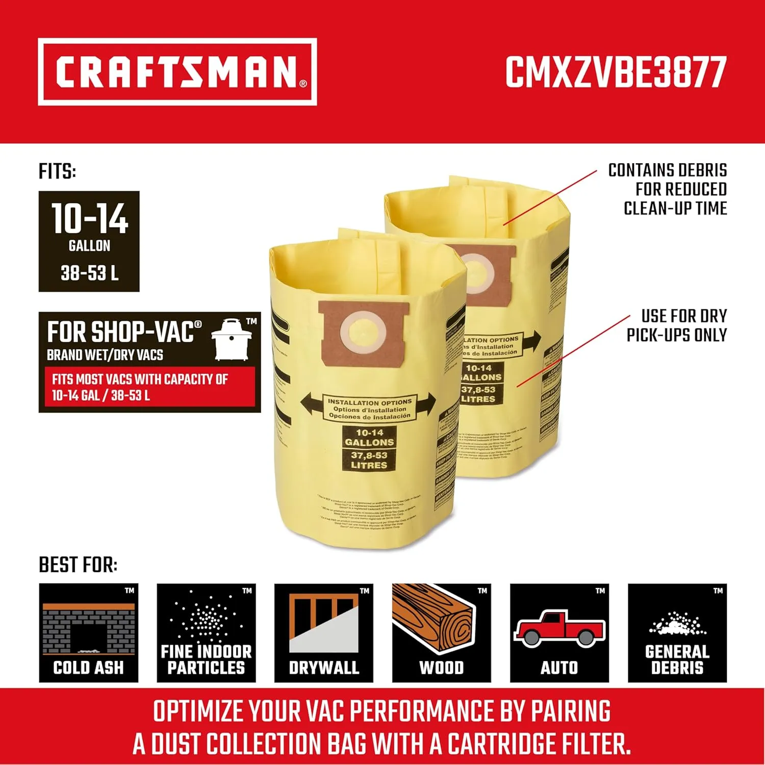 CRAFTSMAN CMXZVBE3877 Fine Dust Wet Dry Vac Dust Collection Bags for Most 10 to 14 Gallon Shop Vacuums, Collects Dry Fine Debris, Reduces Cleanup Time, 2-Pack