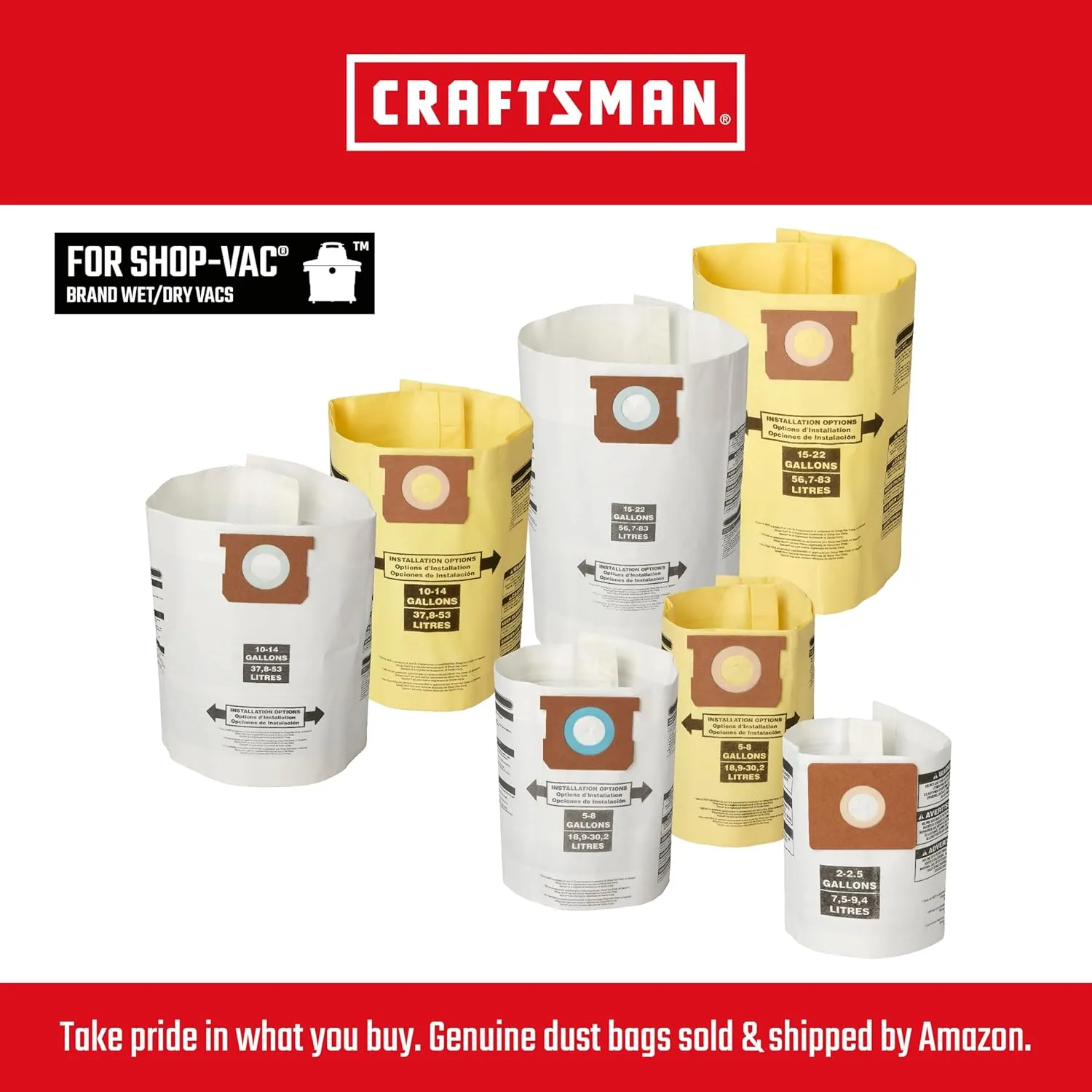 CRAFTSMAN CMXZVBE3877 Fine Dust Wet Dry Vac Dust Collection Bags for Most 10 to 14 Gallon Shop Vacuums, Collects Dry Fine Debris, Reduces Cleanup Time, 2-Pack