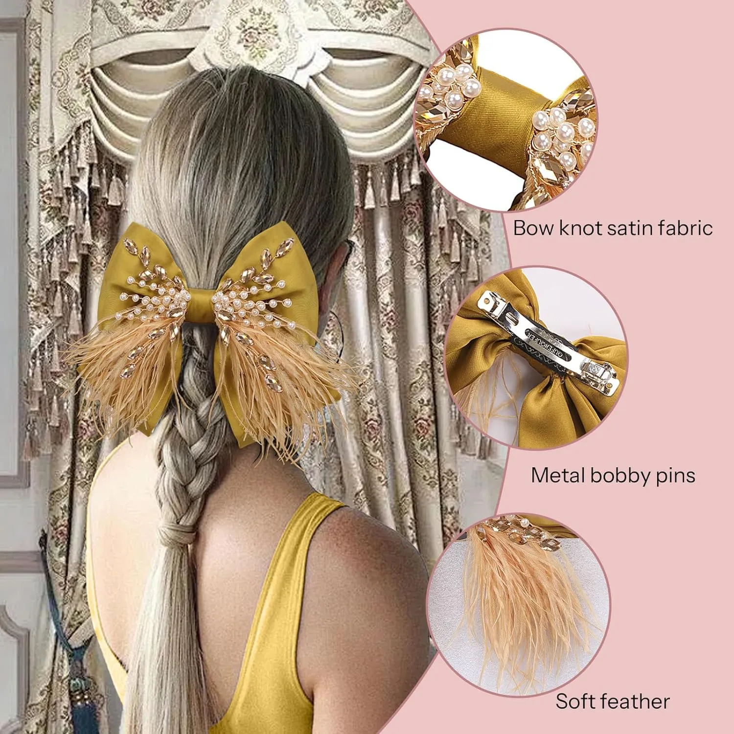 CROWN GUIDE Large Hair Bows Clips for Women Girls Silk Satin Hair Barrettes, Feather Coquette Bows Hair Ties Ribbon Bow Claw Clip Hair Accessories with Pearl Crystal Yellow