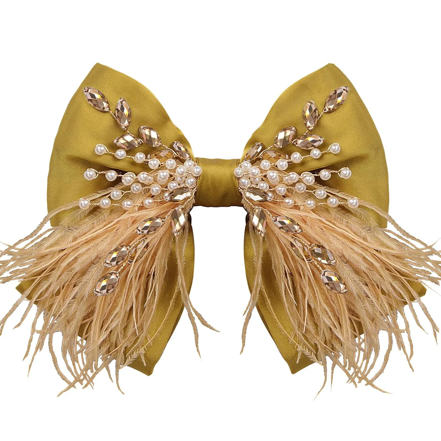 CROWN GUIDE Large Hair Bows Clips for Women Girls Silk Satin Hair Barrettes, Feather Coquette Bows Hair Ties Ribbon Bow Claw Clip Hair Accessories with Pearl Crystal Yellow