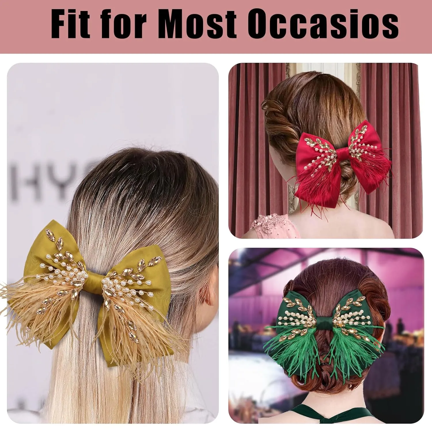 CROWN GUIDE Large Hair Bows Clips for Women Girls Silk Satin Hair Barrettes, Feather Coquette Bows Hair Ties Ribbon Bow Claw Clip Hair Accessories with Pearl Crystal Yellow