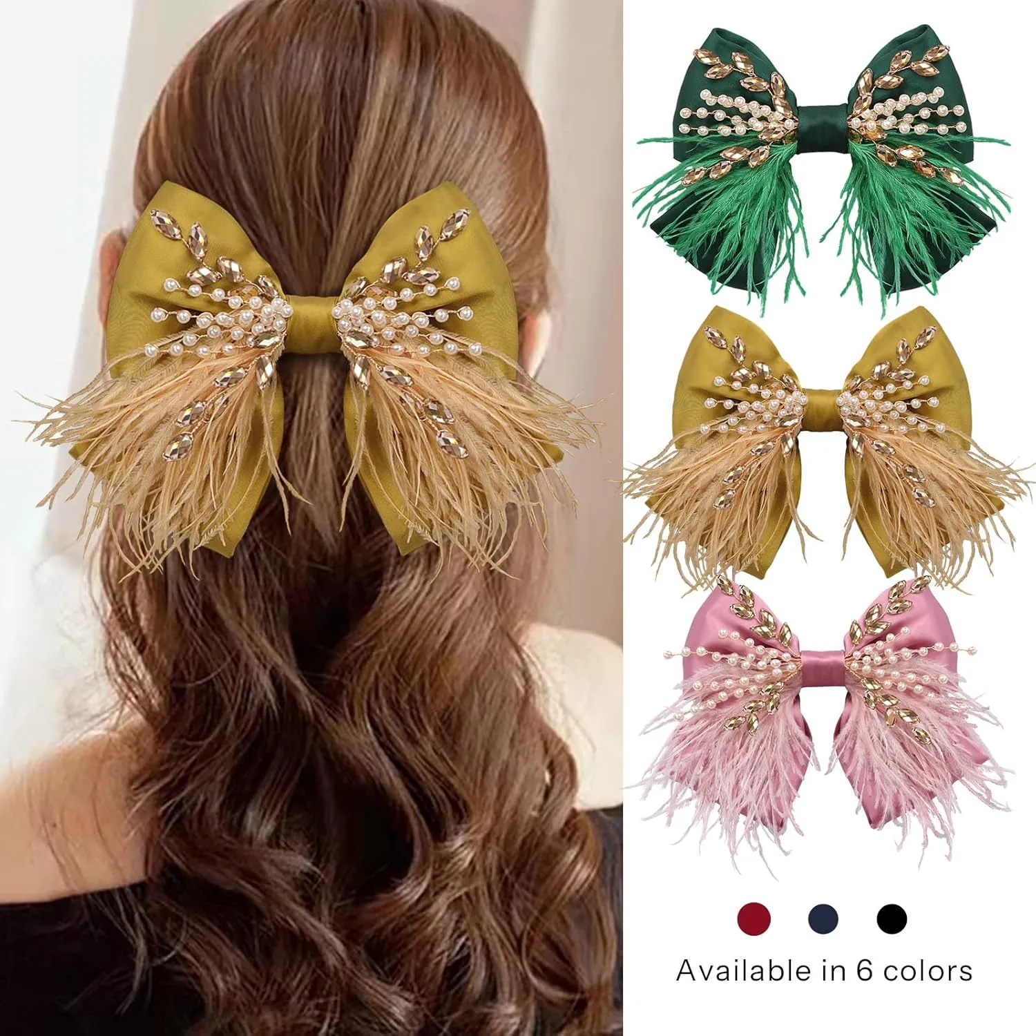 CROWN GUIDE Large Hair Bows Clips for Women Girls Silk Satin Hair Barrettes, Feather Coquette Bows Hair Ties Ribbon Bow Claw Clip Hair Accessories with Pearl Crystal Yellow