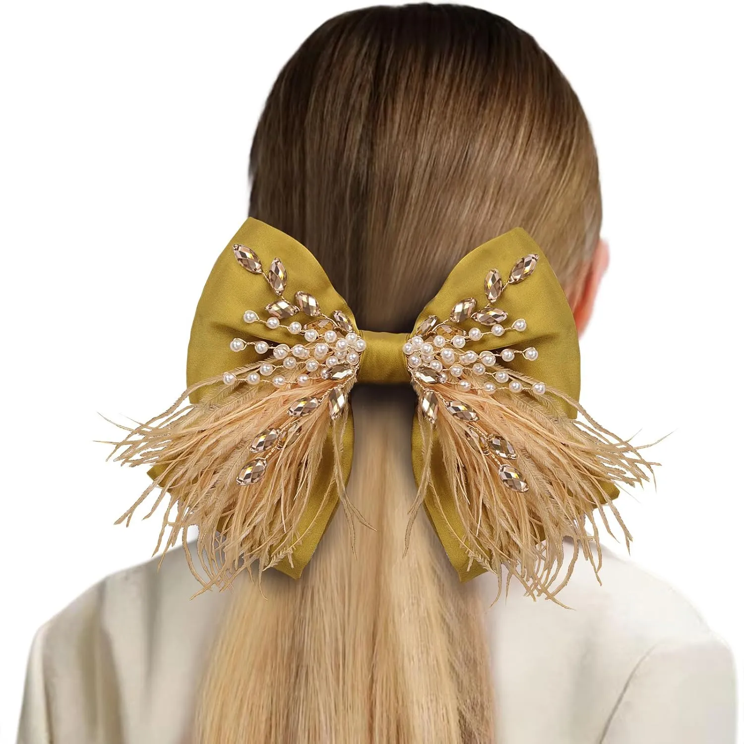 CROWN GUIDE Large Hair Bows Clips for Women Girls Silk Satin Hair Barrettes, Feather Coquette Bows Hair Ties Ribbon Bow Claw Clip Hair Accessories with Pearl Crystal Yellow