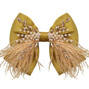 CROWN GUIDE Large Hair Bows Clips for Women Girls Silk Satin Hair Barrettes, Feather Coquette Bows Hair Ties Ribbon Bow Claw Clip Hair Accessories with Pearl Crystal Yellow